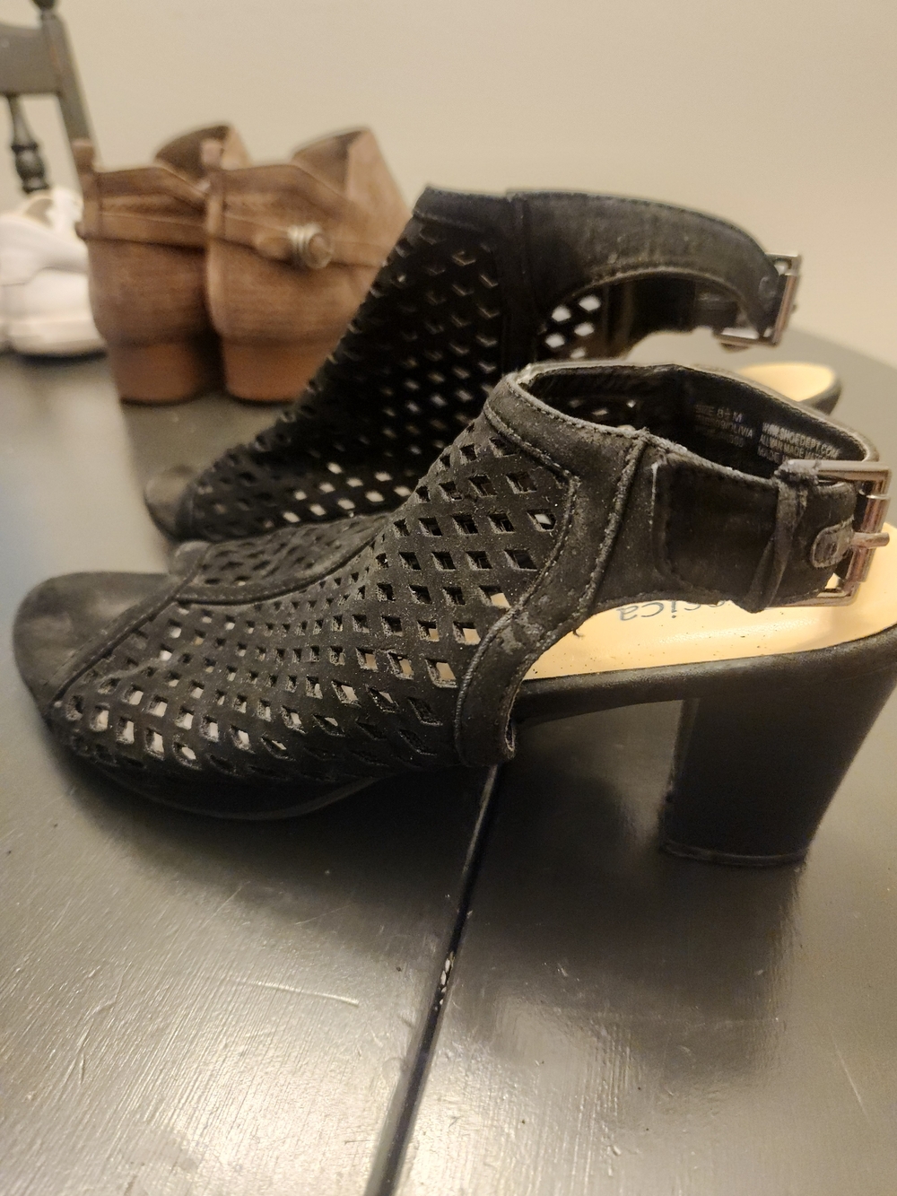 Black Perforated Suede Ankle Booties with Block Heel